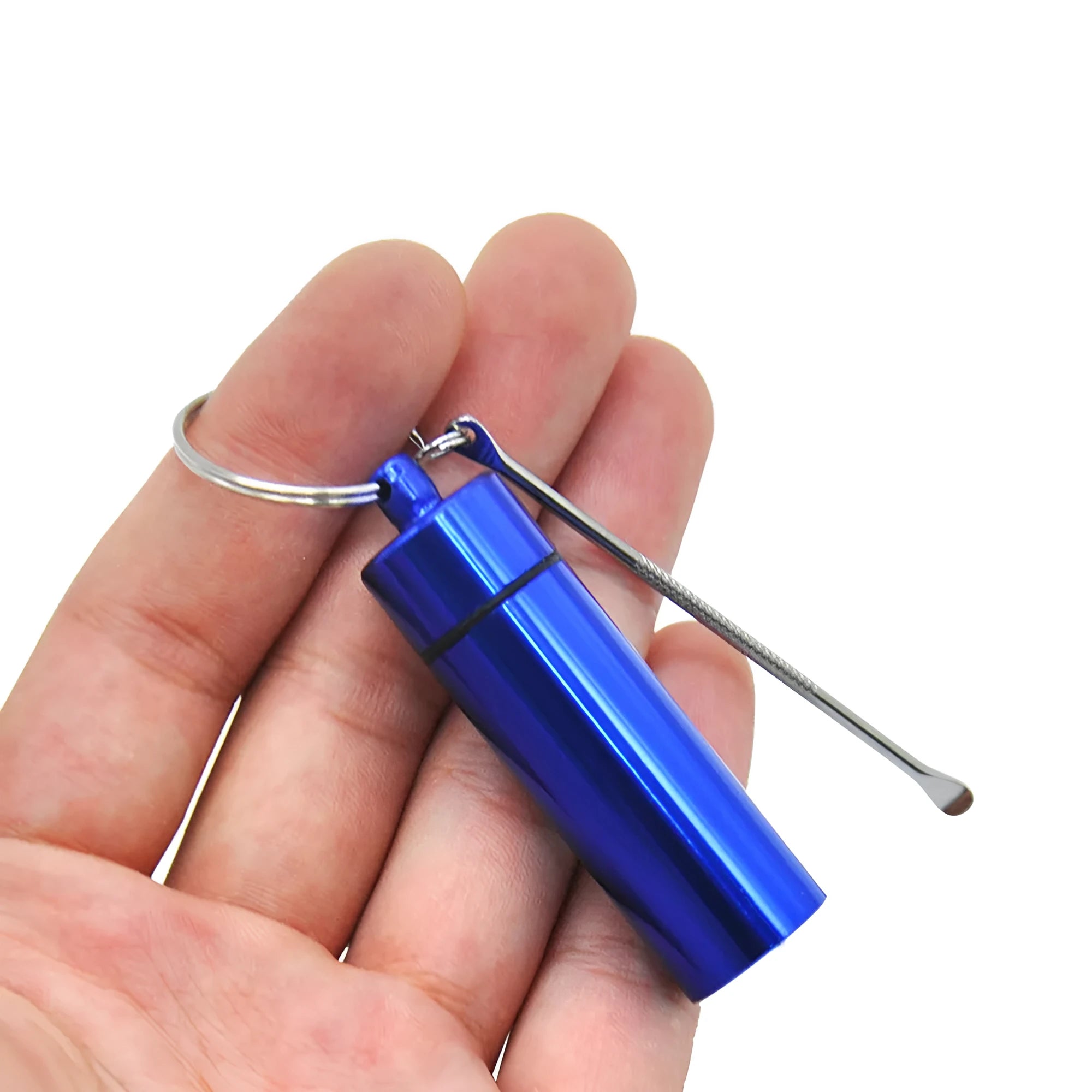 Aluminium portable pill box with spoon and keychain in five colour options