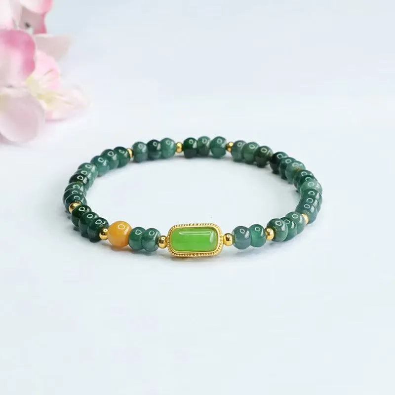 Natural stone blue water jade beaded bracelet for women with electroplated metal accents and geometric design