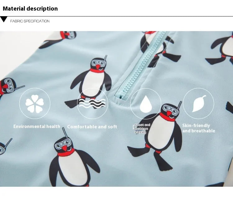 Boy's penguin print long sleeve swimsuit top and matching swim cap set on blue background