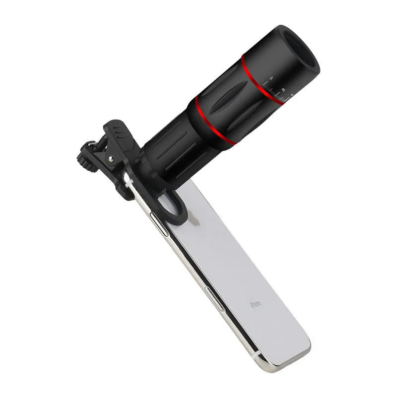 Mobile phone zoom telephoto lens 15-45X with metal tripod and UV filter on red circle background