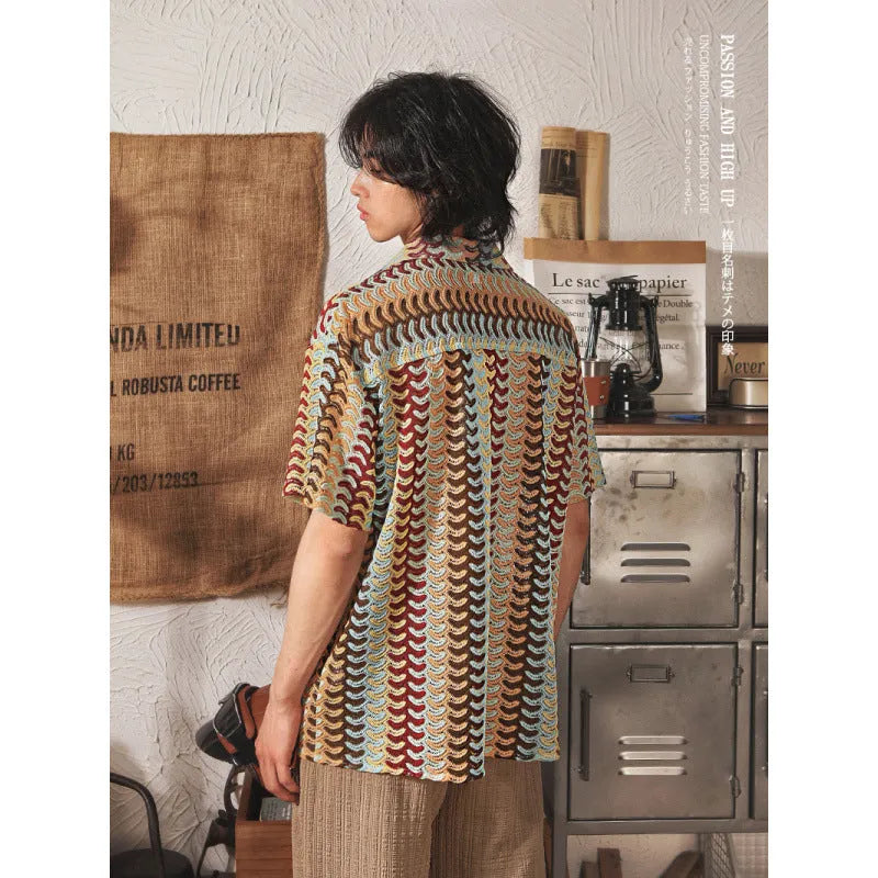 Grey short sleeve Cuban collar shirt with jacquard pattern, shown on a model.