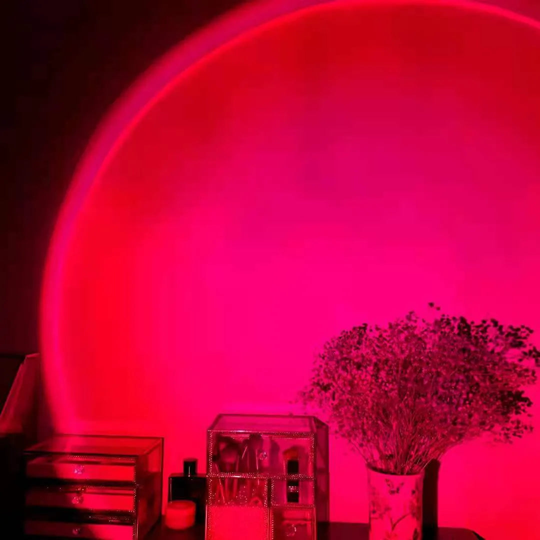 USB rechargeable rainbow projection lamp showing sunset red colour patterns for atmospheric lighting