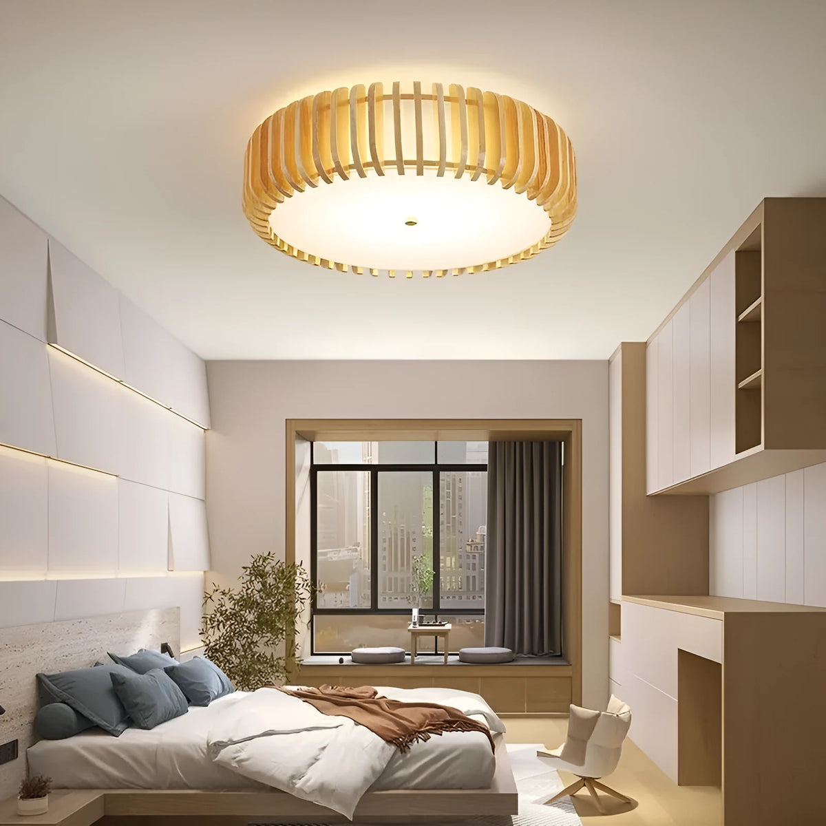 Japanese-style log LED ceiling lamp 35cm diameter 3-head Nordic design