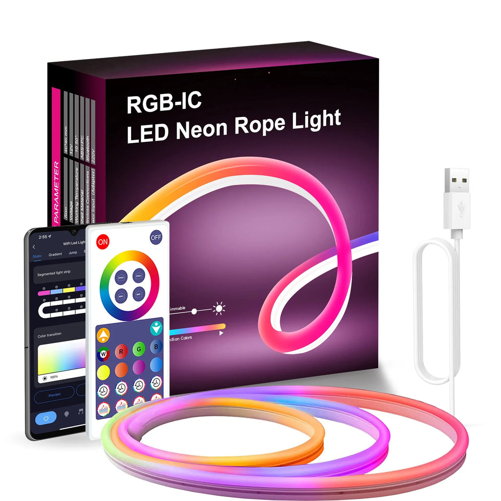 3 metre long RGB magic colour neon light strip with remote control for Bluetooth and Wi-Fi adjustment