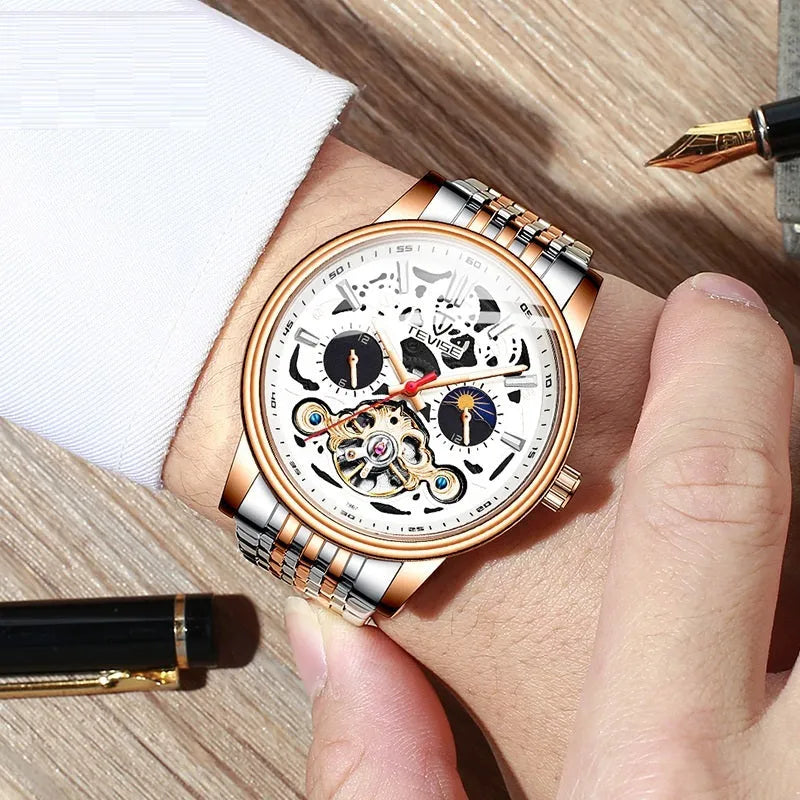 Men's black mechanical watch with luminous hands and a waterproof case on a leather strap.