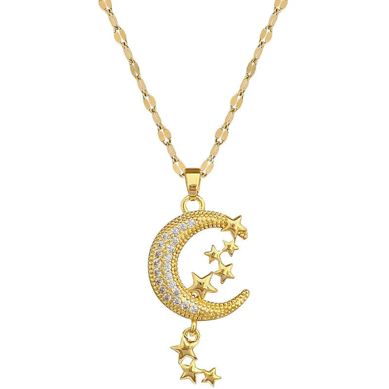 Moon Tassel Necklace with diamond-set copper pendant on a stainless steel chain.