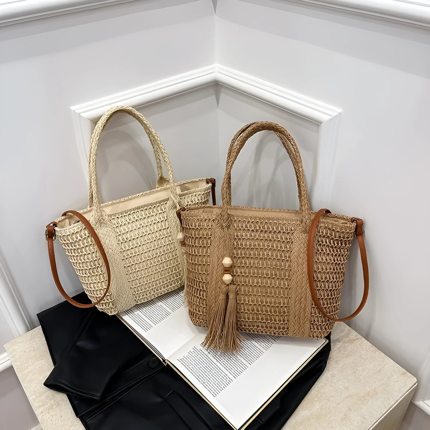 Women's straw woven crossbody shoulder bag showing diagonal weave pattern in milky white colour