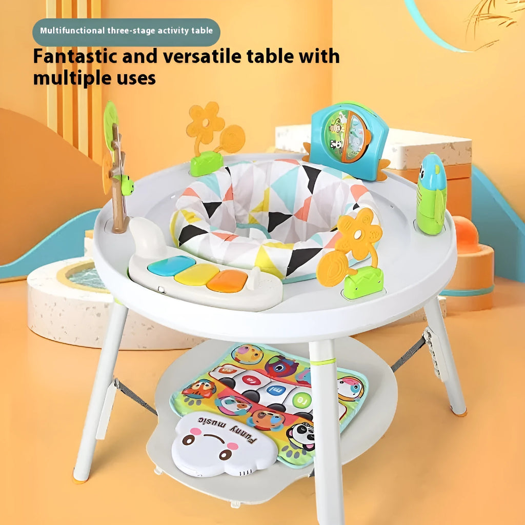 Baby jumping chair activity centre with bouncing frame and interactive toys in duck design.