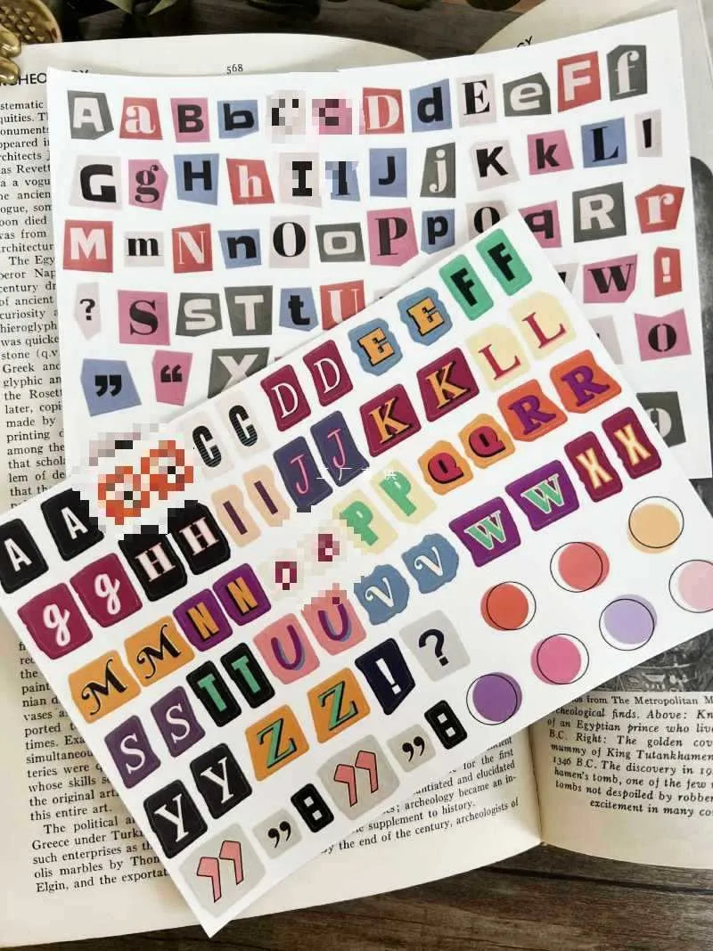 Cute English letters and numbers symbol label sticker set with multiple alphabet collections and weekly words