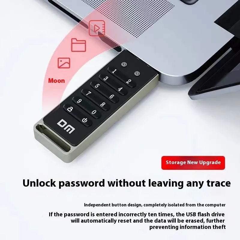 Metal encrypted USB flash drive with fingerprint sensor showing 64GB capacity and USB 3.0 connector