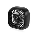 Small black USB car fan with three-speed keyboard controls on compact base