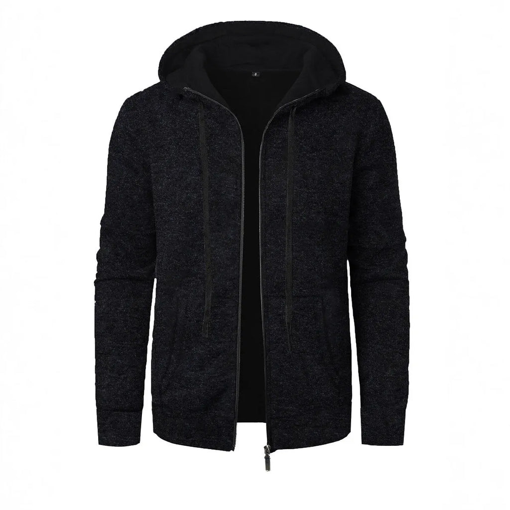Men's solid colour jacquard hooded coat in denim blue, front view, loose fit with long sleeves