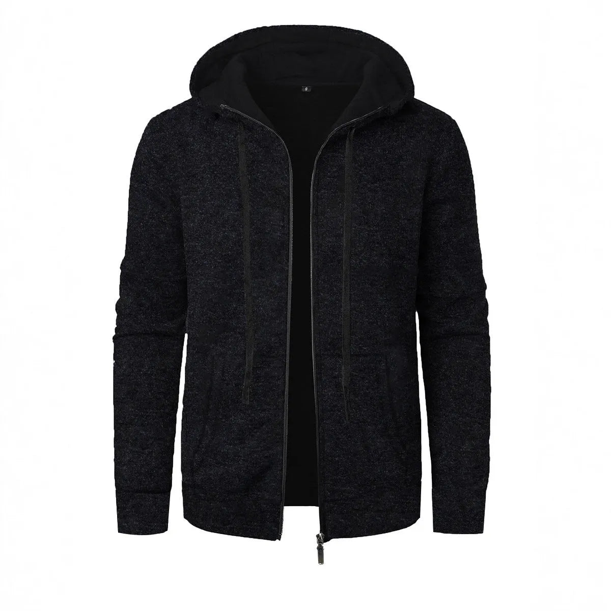 Men's solid colour jacquard hooded coat in denim blue, front view, loose fit with long sleeves