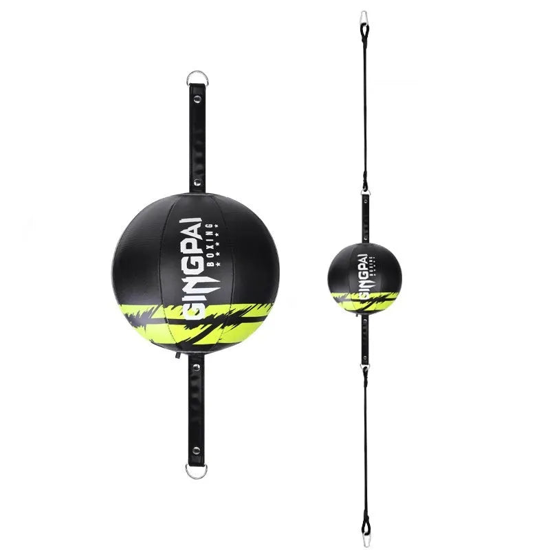 A black PU hanging boxing speed ball suspended for reaction and dodge training practice.