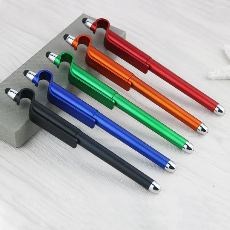 Multifunctional pen with touchscreen stylus tip and integrated mobile phone holder feature