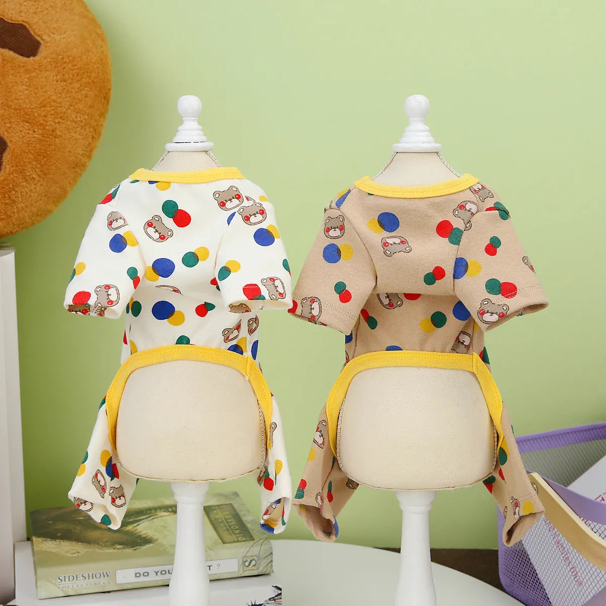 Beige and light brown dog jumpers with colourful ball bear design, sizes S to XXL