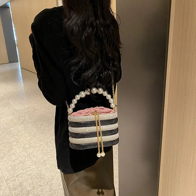 Women's round crossbody dinner bag with pearl bead embellishment in European retro style
