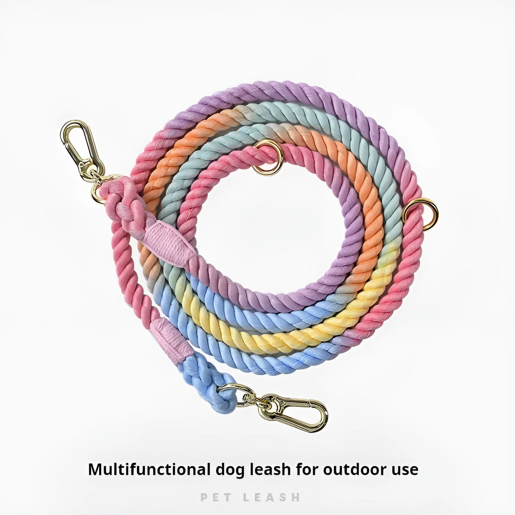Woven rainbow double-headed dog leash with gold fittings shown at full length.