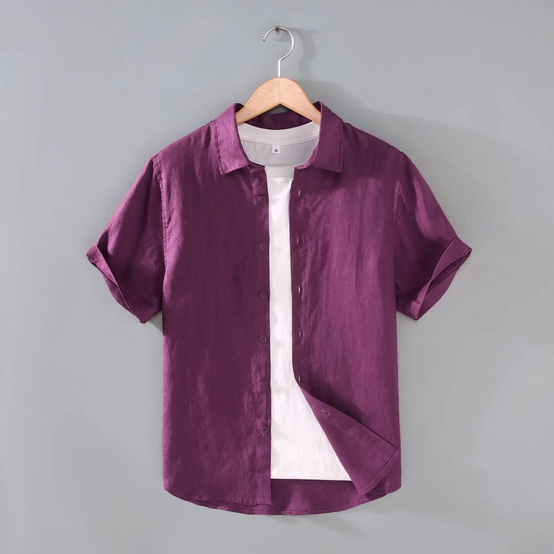 Men's casual short-sleeved linen shirt in cardigan style showing colour options