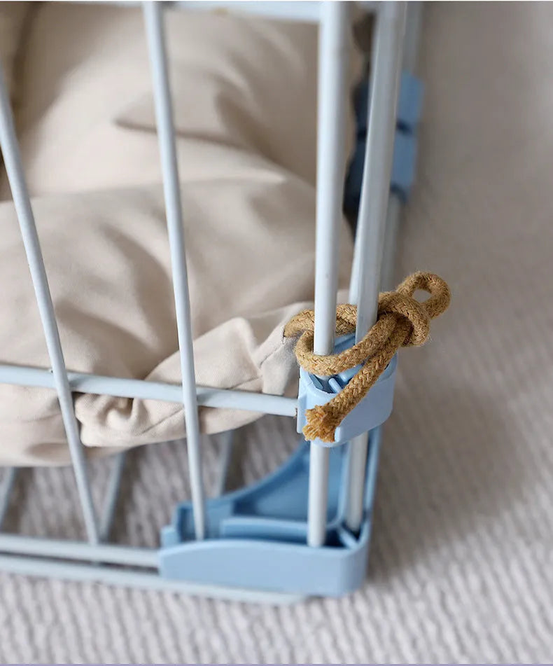 Tied cage cushion pet nest in beige, coffee or orange colours showing four size options for small dogs and cats