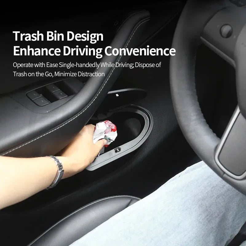 Two black ABS plastic storage bins designed for Tesla Model Y front door pockets