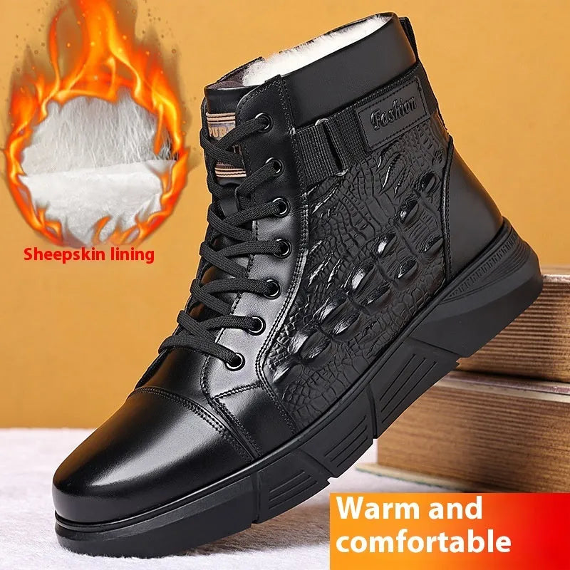 Leather snow boots with fur lining, rubber soles, and lace-up front in black or brown with velvet detailing
