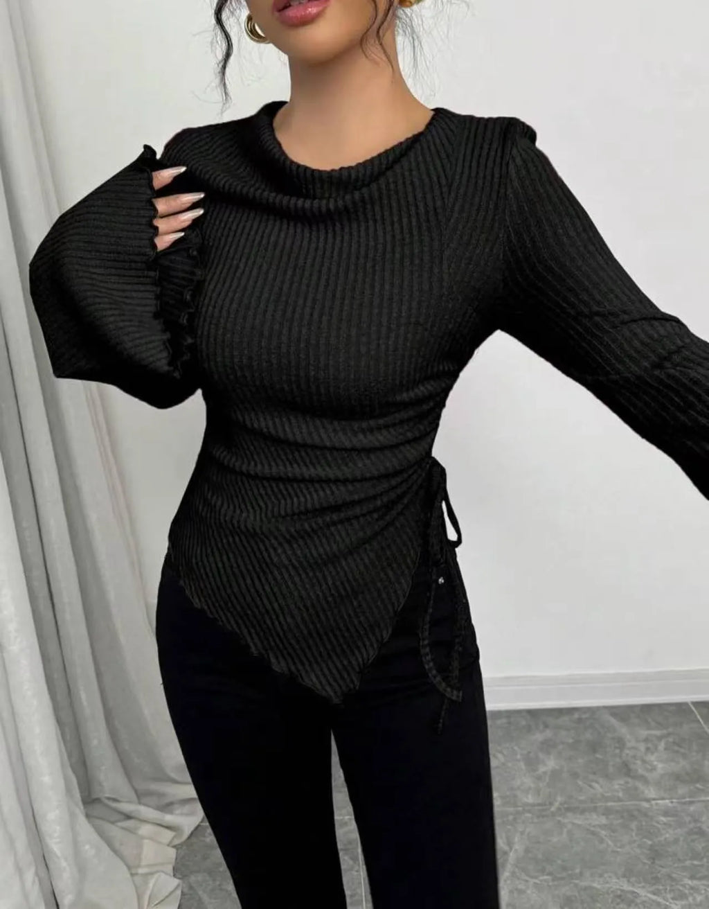 Design Sense women's rope slim pullover with long bell sleeves in apricot solid colour