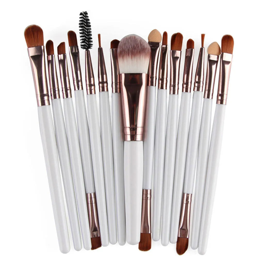 MAANGE 18-piece cosmetic brush set with fan-shaped makeup tools laid out on a table