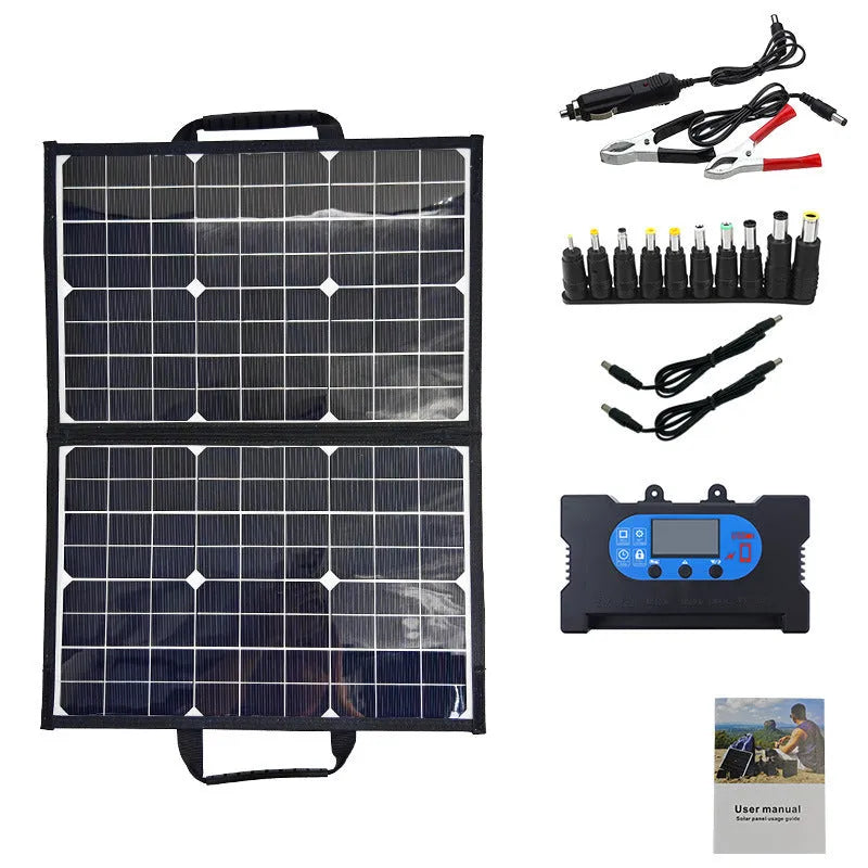 Black foldable solar panel bag showing its compact size and textured solar cell surface.