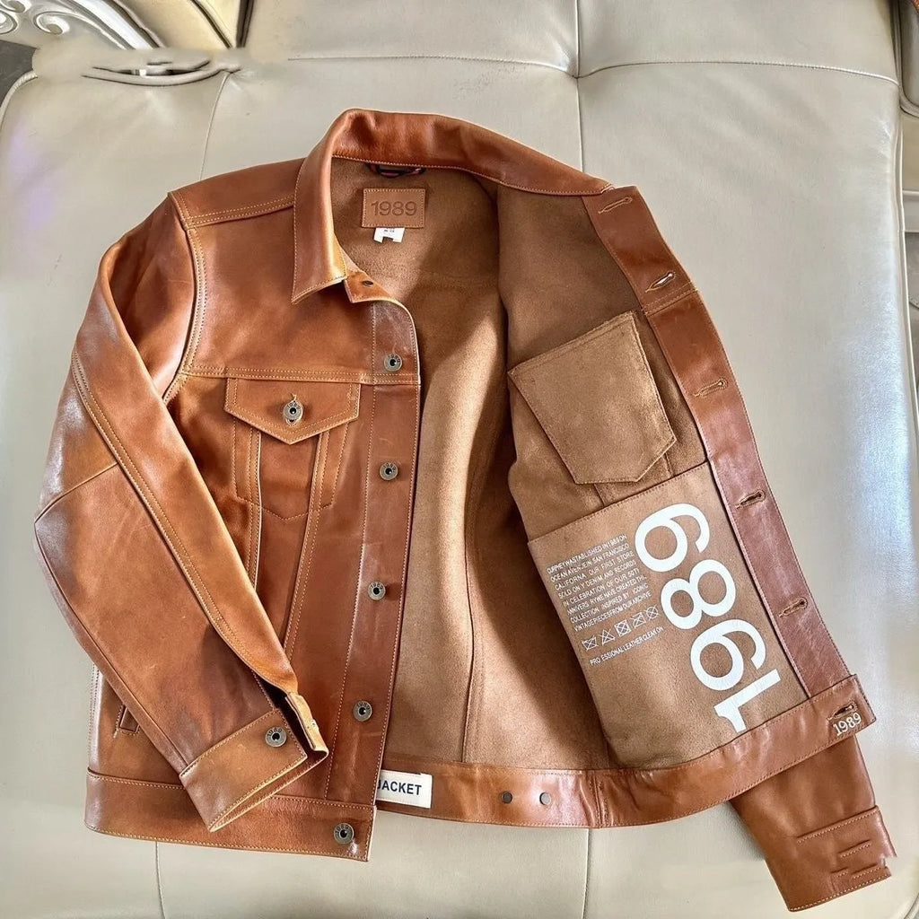 Men's cowhide leather vest jacket ultra-short retro workwear black coffee colour front view
