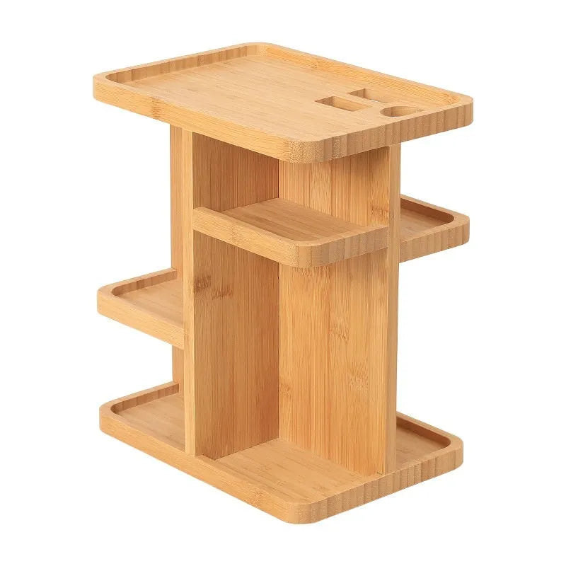 Bamboo rotary storage rack with multiple shelves showing 18 litre capacity