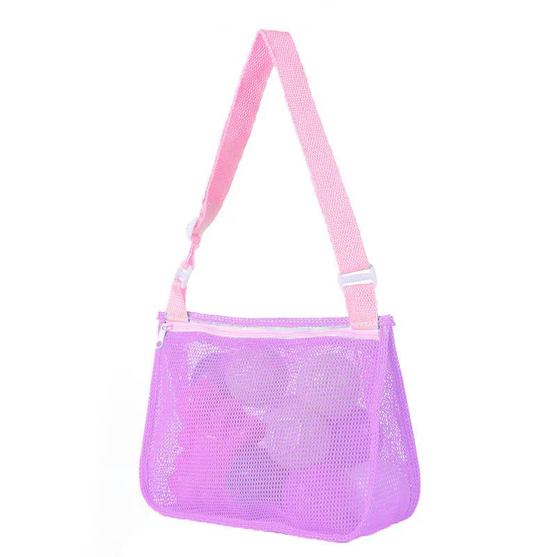 Blue nylon mesh children's storage bag with shoulder strap, shown with dimensions 20cm by 25cm by 8cm.