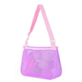 Blue nylon mesh children's storage bag with shoulder strap, shown with dimensions 20cm by 25cm by 8cm.