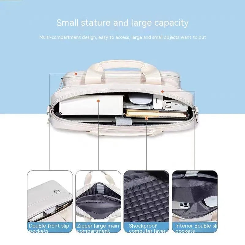 Oxford cloth laptop bag with shockproof air cushion pull rod belt in khaki colour placed on table