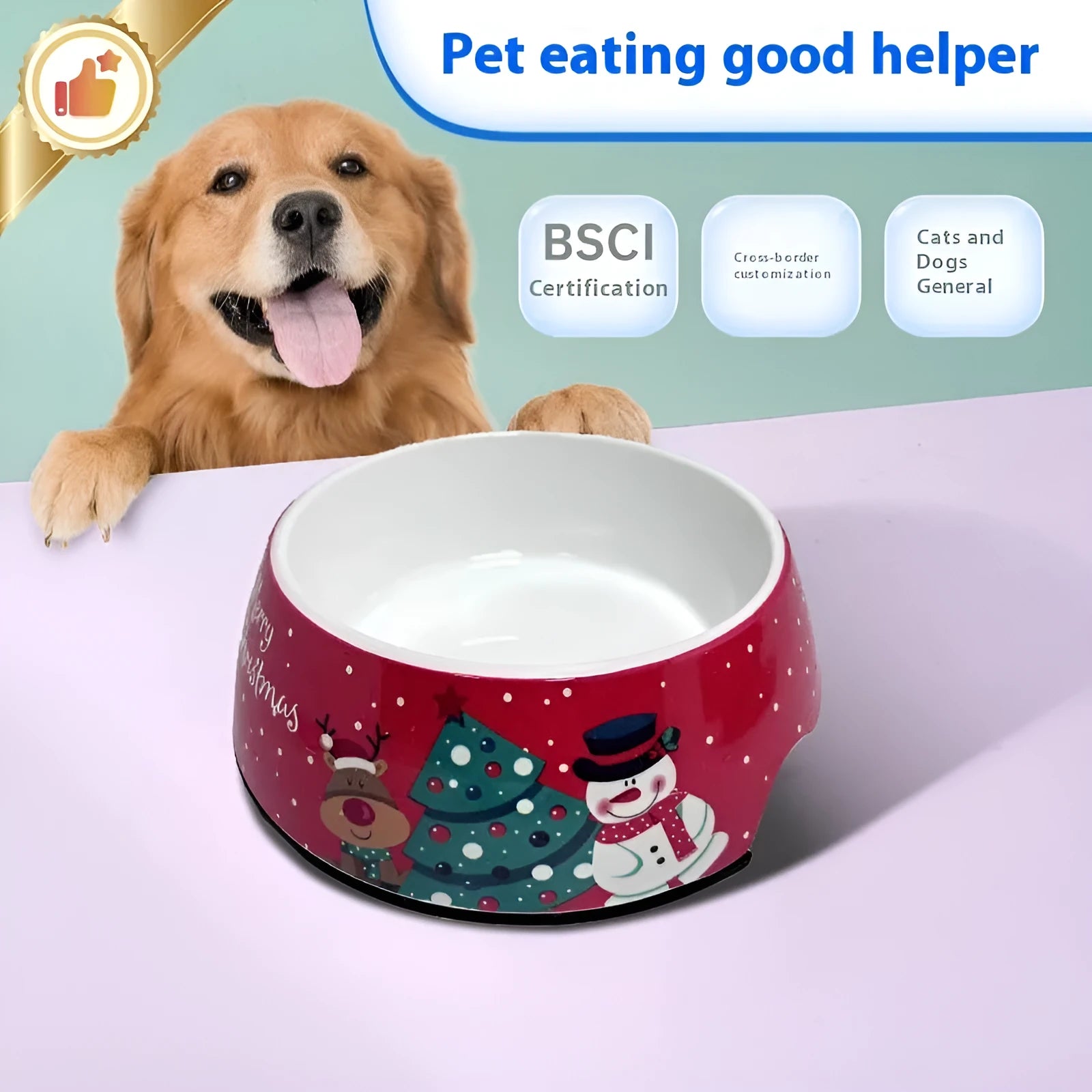 Red Christmas-themed stainless steel double-layer pet bowl for dogs and cats