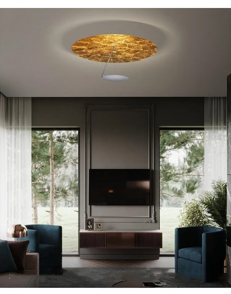 Modern circular iron ceiling lamp with a white powder-coated shade and integrated warm white LED light