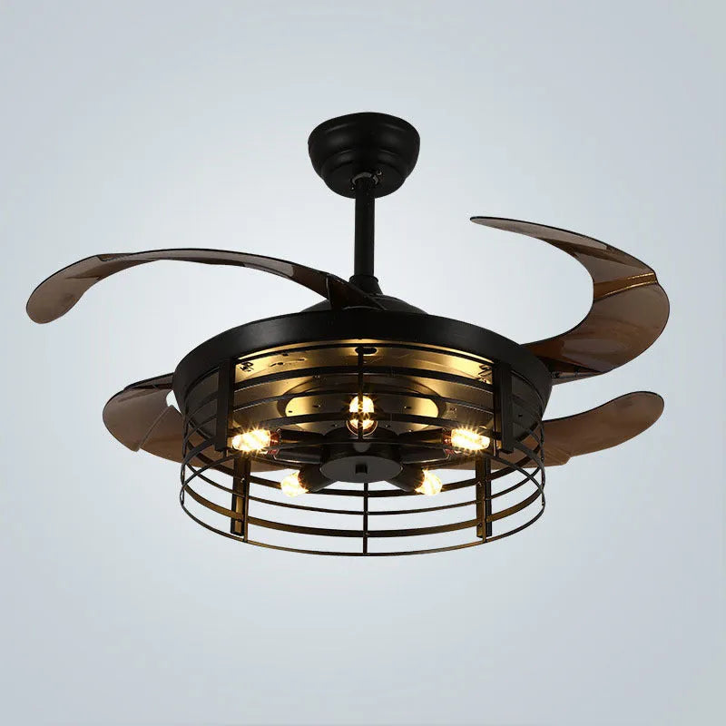 American retro style ceiling fan lamp with remote control on a white background, showing acrylic shade and concealed blades.