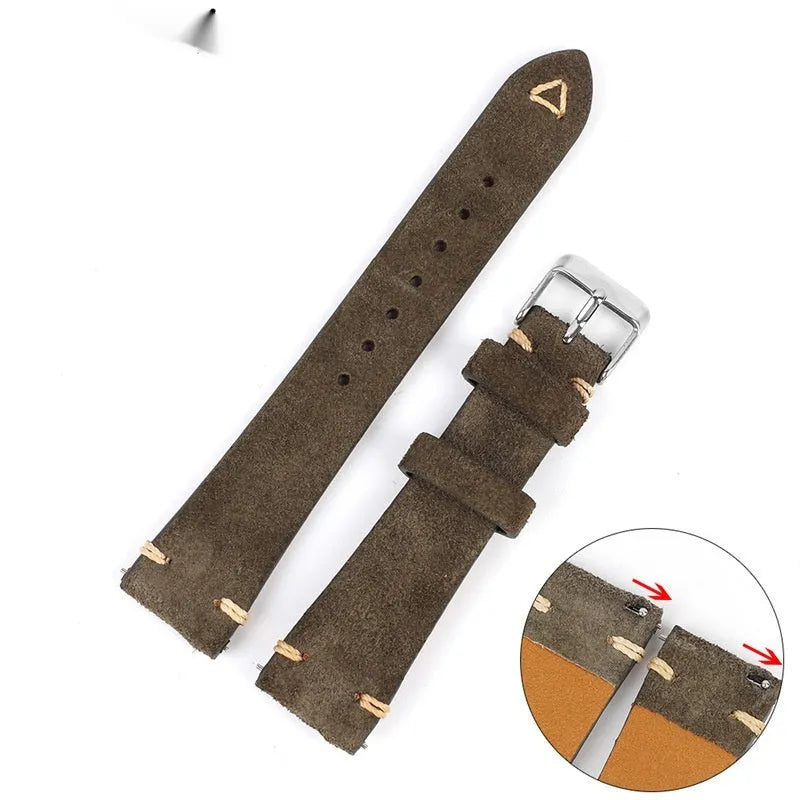 Brown suede genuine leather watch strap with ethnic style design.