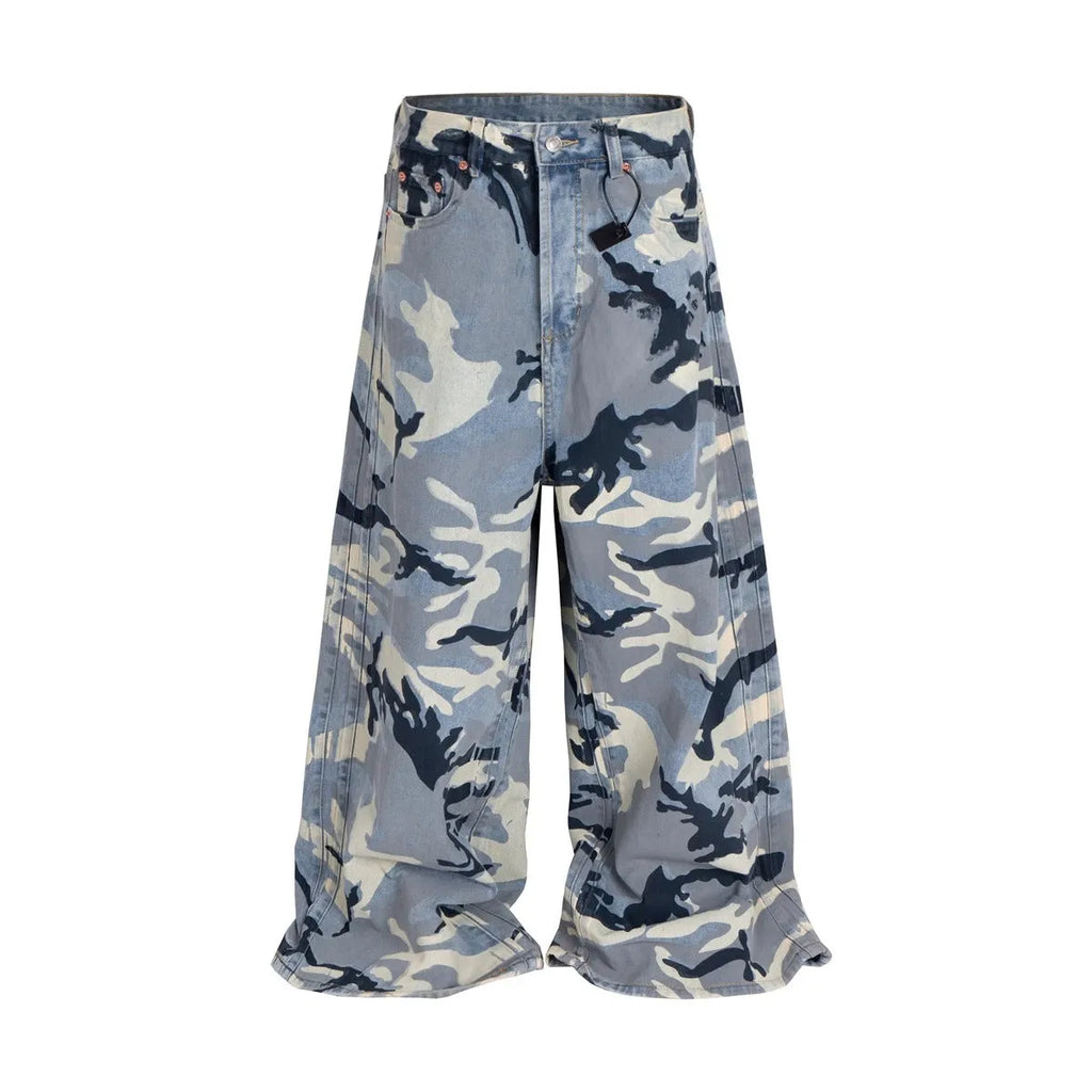 Snow camouflage blue loose fit denim jeans on a mid waist, showing the micro-elastic fabric texture.