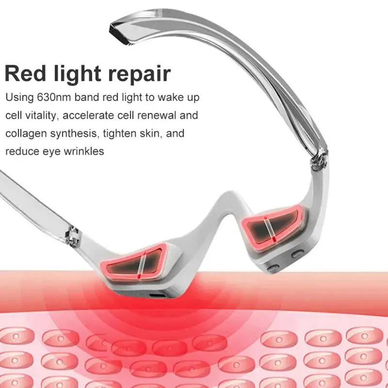 Pink and white 3D micro-current eye massager with glasses-style design on a grey background.