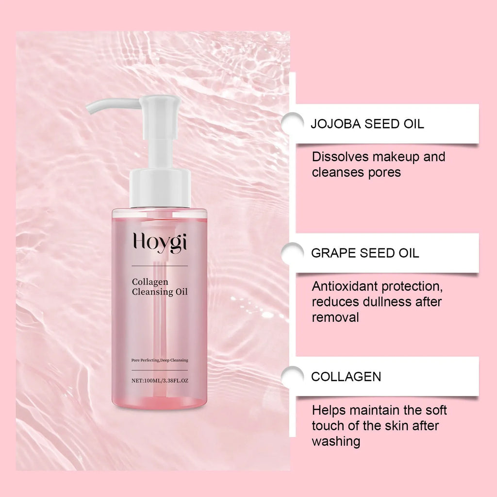 100ml bottle of collagen cleansing oil with jojoba and grape seed oils for daily make-up removal