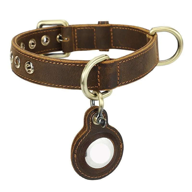 Brown handmade leather dog collar with retro styling and halter positioning for tracking