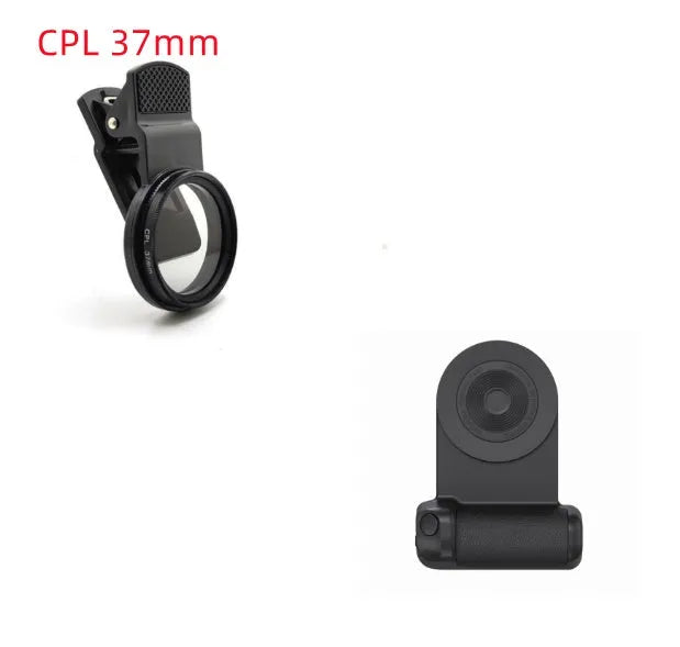 Black multifunctional phone camera holder with magnetic suction and rotatable stand on a table.