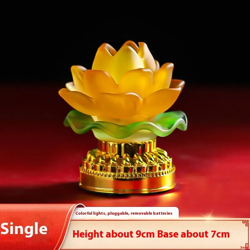 Yellow Chinese style ABS plastic lotus lamp for Buddha altar decoration, shown in bud and flowering styles.
