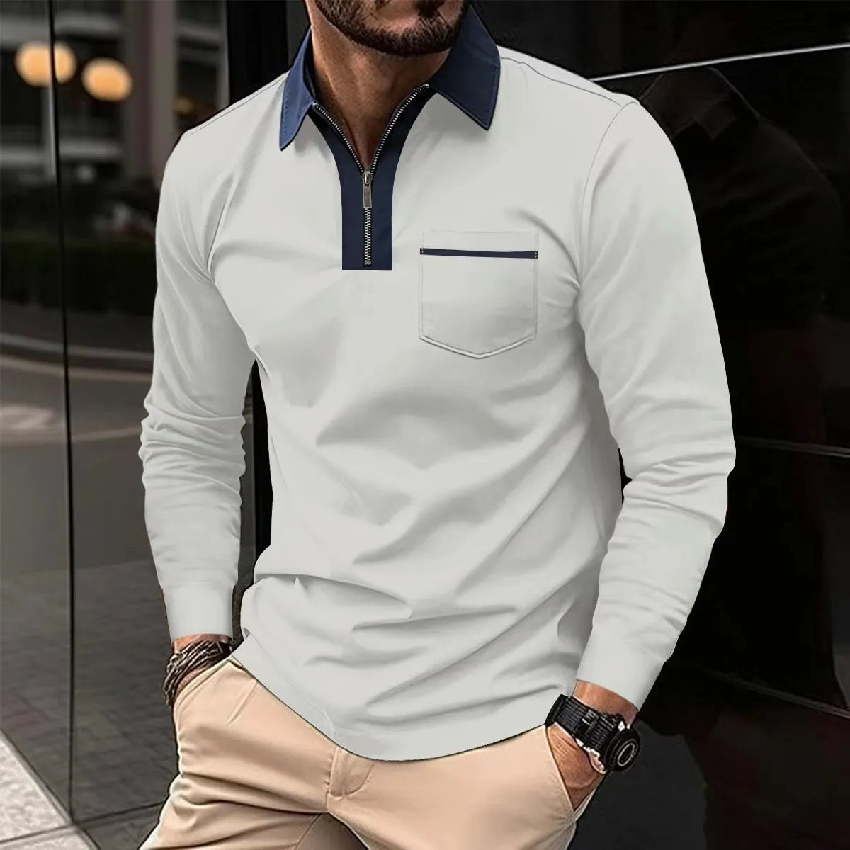 Men's long sleeve zip-up polo shirt with lapel collar in two-tone colour, cotton blend, sizes S-3XL.