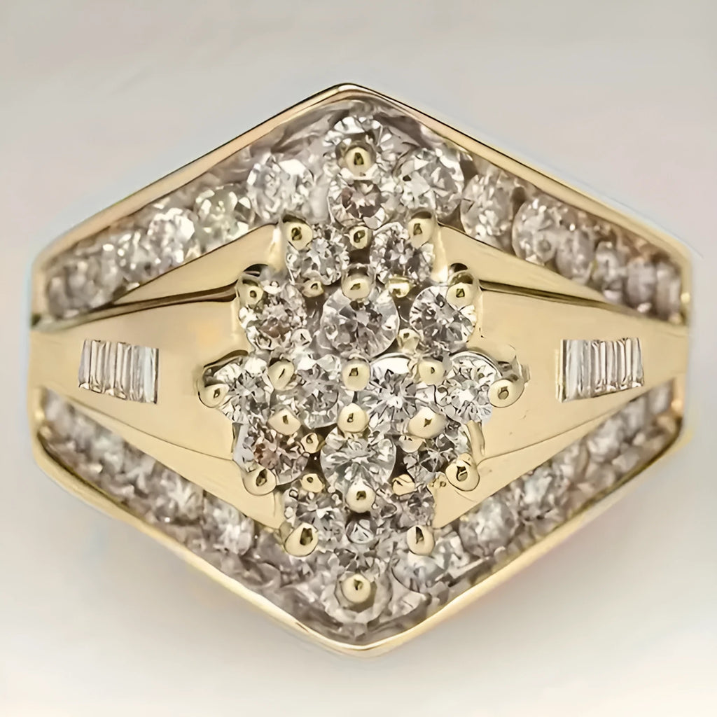 Geometric gold-coloured palace style fashion ring on a plain background, showing its angular design.