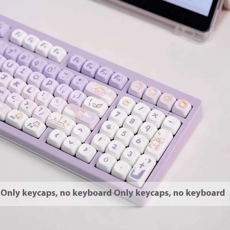 Set of gradient purple PBT keycaps with detailed rabbit character artwork for mechanical keyboards.