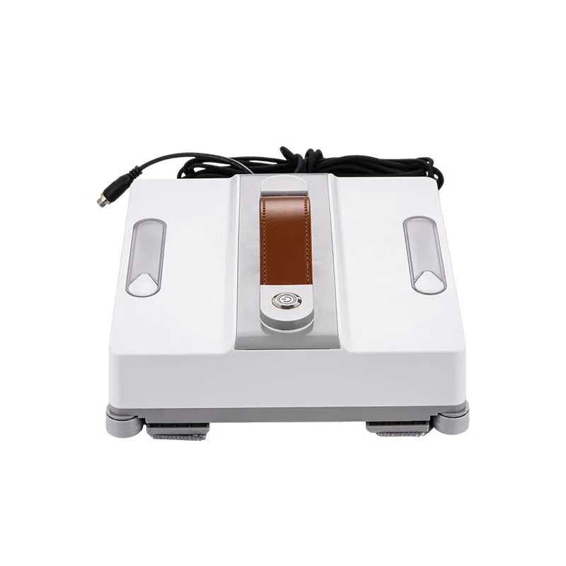White intelligent window cleaning robot device for automated high-rise window washing.