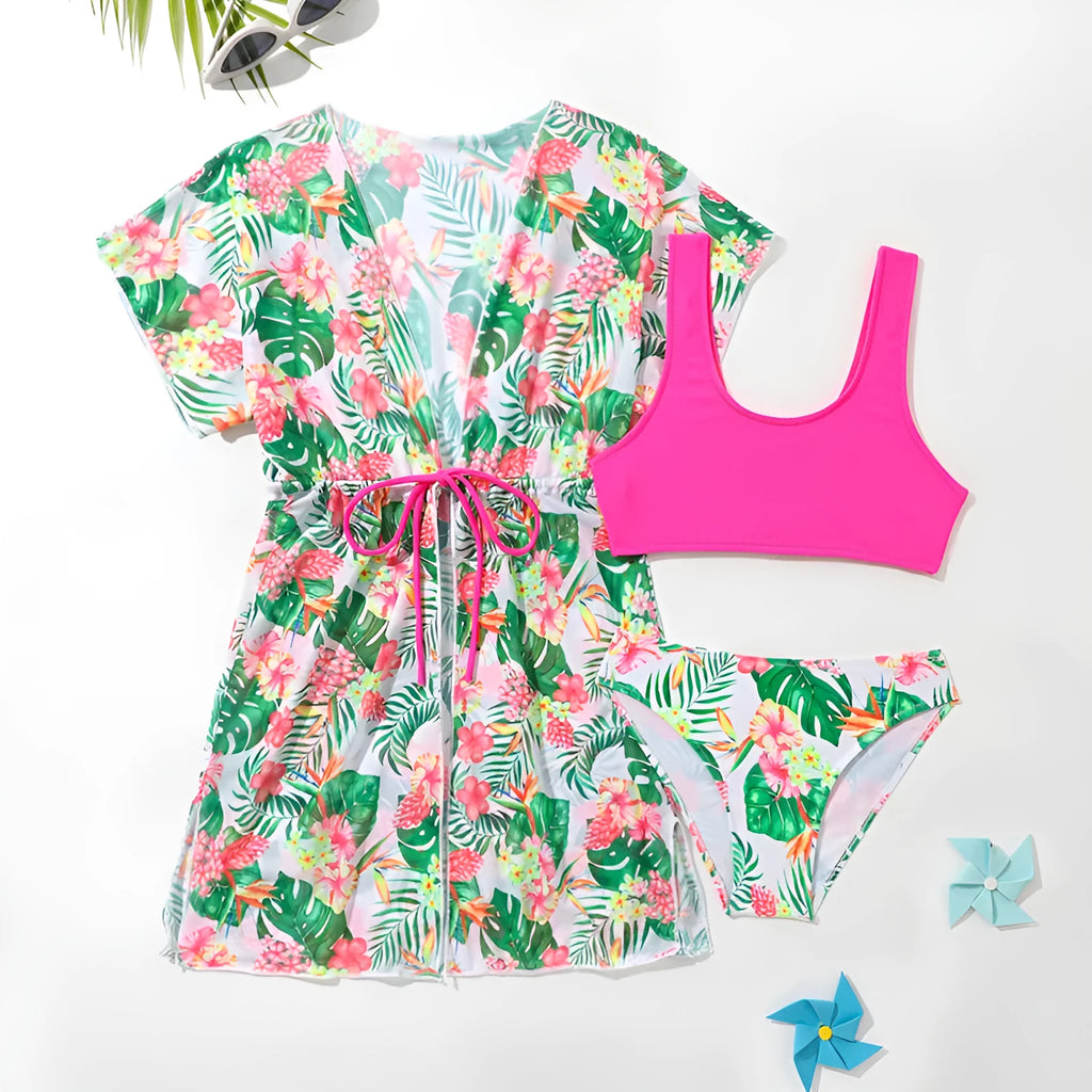 Girls' floral print two-piece swimsuit with high elasticity polyester fabric for swimming.