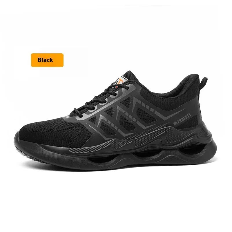 Black steel toe cap safety shoes with flat knitted uppers and front lace-up closure